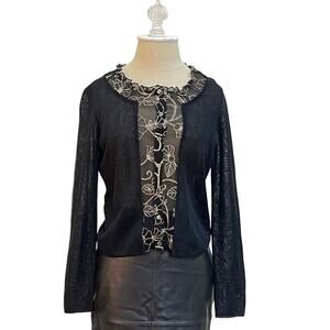 Vintage Talbots Size PS Black Cardigan Sweater Gold Silk Floral Embroidered Trim